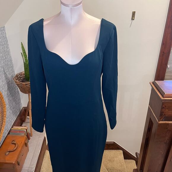 Dress The Population Sonia Long Sleeve Pine Green Fitted Midi Dress Size Large - Picture 3 of 10